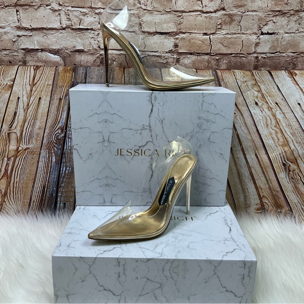 New Jessica Rich Gold Transparent Pump Stiletto Heels 37 EU